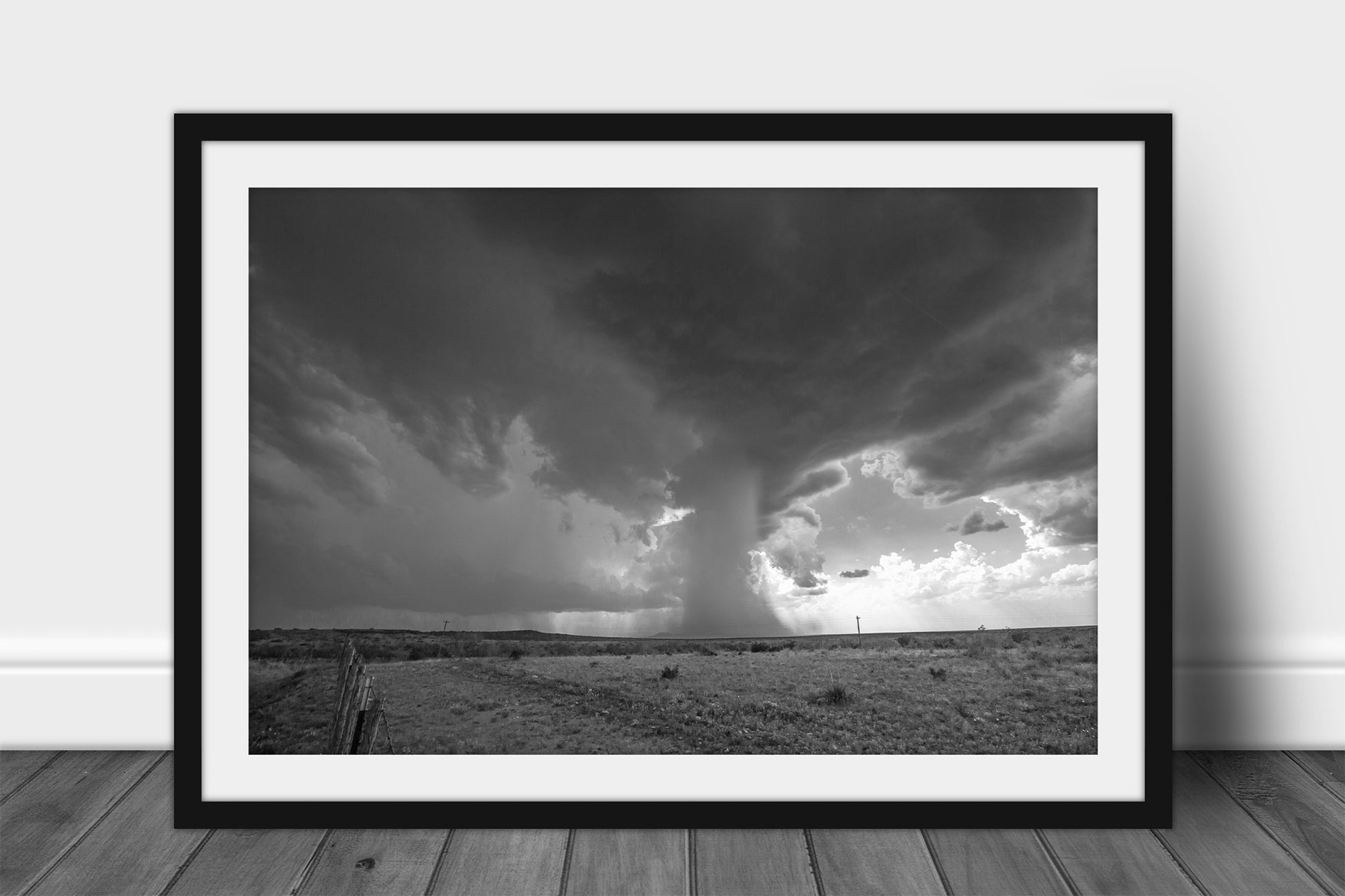 Framed and matted storm print of a thunderstorm with a microburst dropping rain from high in the sky resembling a waterfall on a spring day in West Texas by Sean Ramsey of Southern Plains Photography.