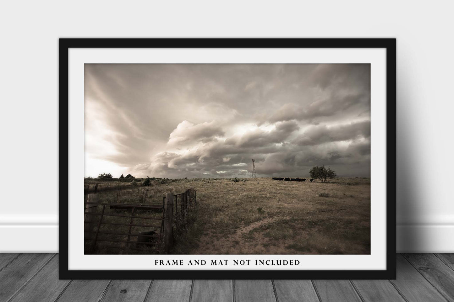 Western Photography Print - Wall Art Picture of Storm Clouds Over Country Landscape on Stormy Day in Oklahoma Windmill Cattle Pen Farm Decor
