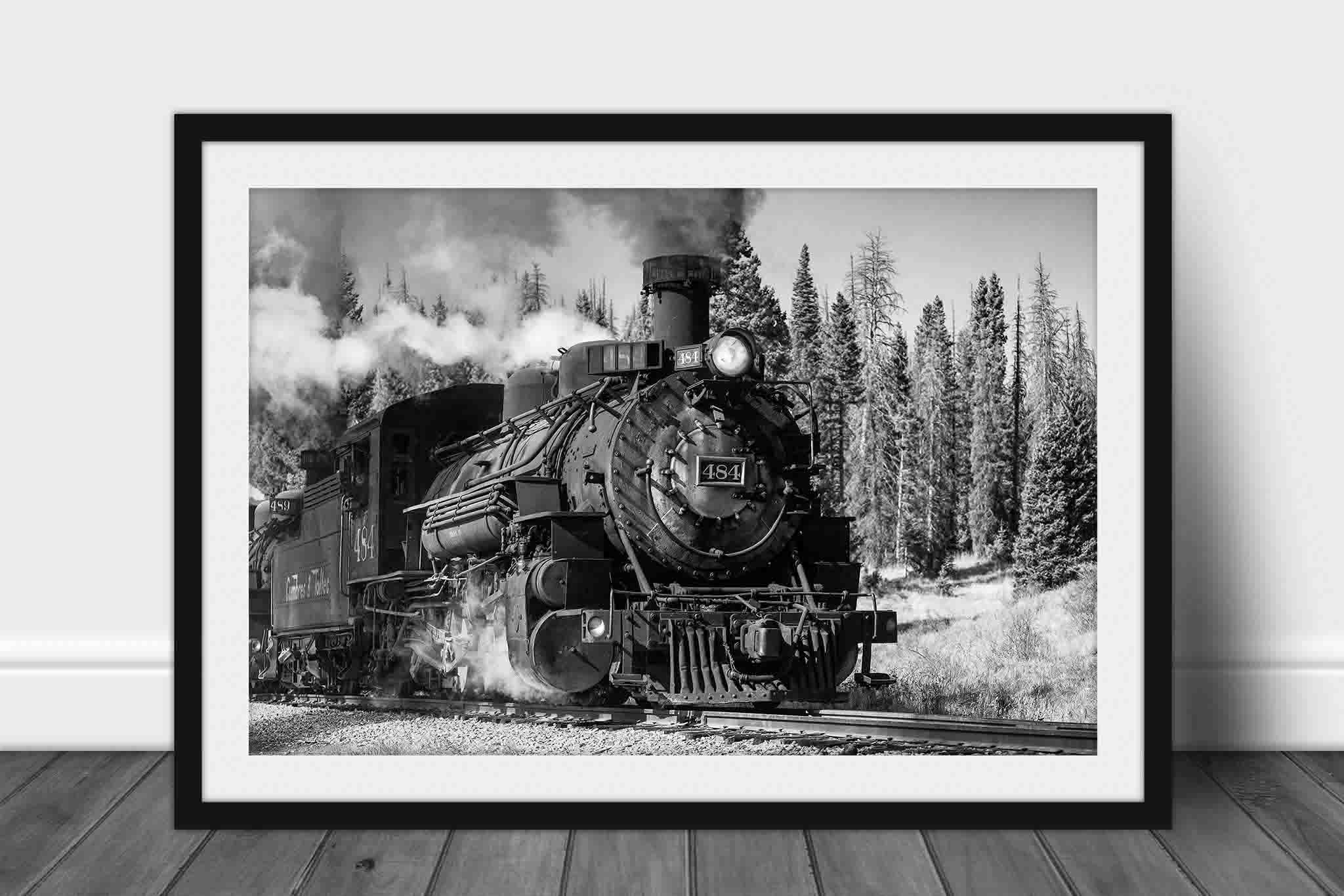 Framed black and white railroad print of a steam engine locomotive on a fall day in the Colorado Rocky Mountains by Sean Ramsey of Southern Plains Photography.
