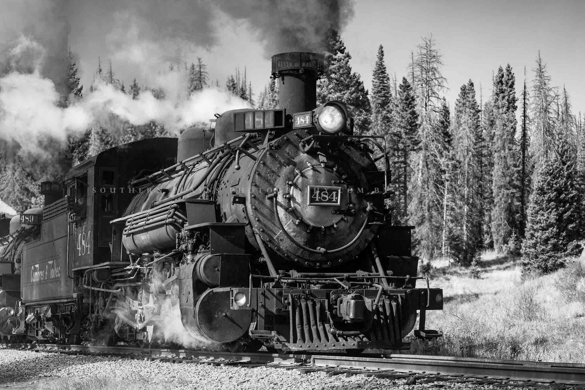 Black and white train photography print of a steam engine locomotive on an autumn day in the Colorado Rocky Mountains by Sean Ramsey of Southern Plains Photography.