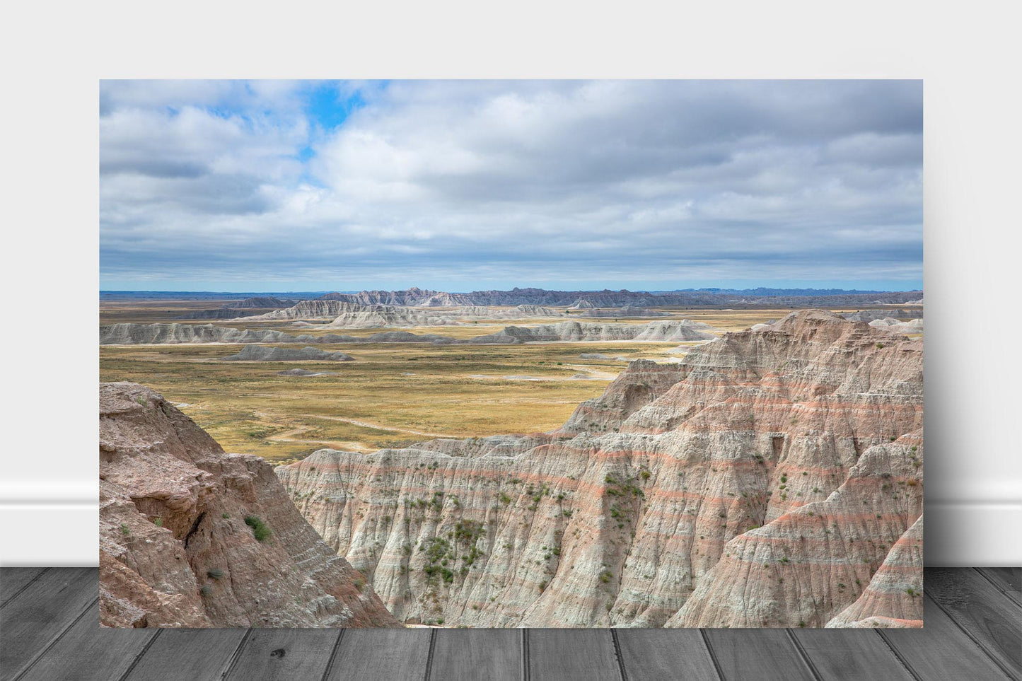 Great Plains photography aluminum metal print wall art of Badlands National Park rising from the vast expansive northern prairie in South Dakota by Sean Ramsey of Southern Plains Photography.