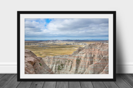 Framed Great Plains print of Badlands National Park rising from the vast expansive northern prairie in South Dakota by Sean Ramsey of Southern Plains Photography.