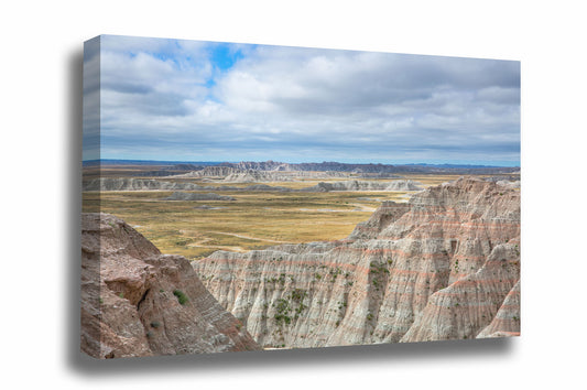 Great Plains gallery wrapped canvas wall art of Badlands National Park rising from the vast expansive northern prairie in South Dakota by Sean Ramsey of Southern Plains Photography.