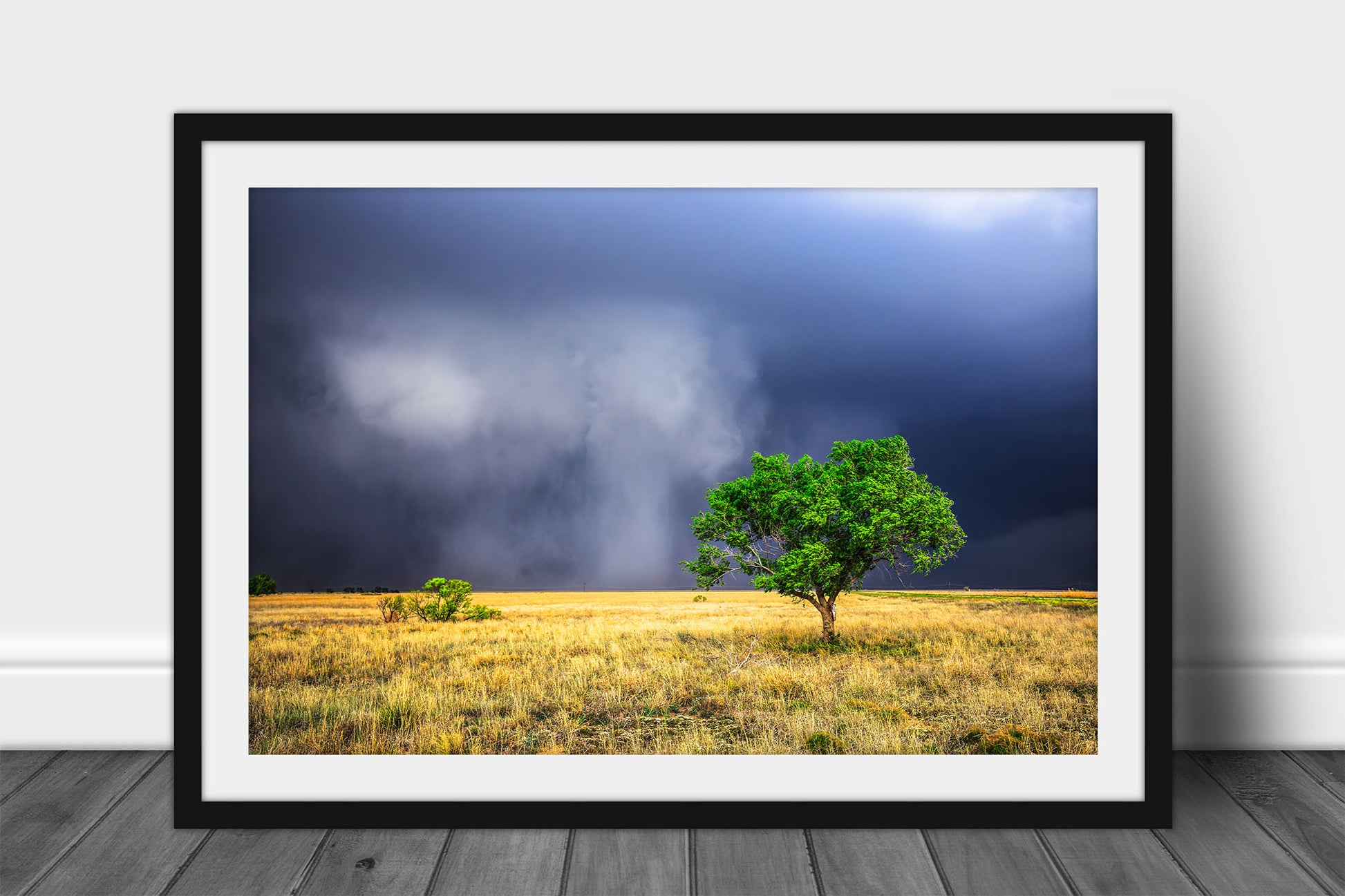 Storm framed print of hauntingly beautiful storm clouds revealing themselves from rain as a lone tree stands tall on the plains of the Texas Panhandle by Sean Ramsey of Southern Plains Photography.
