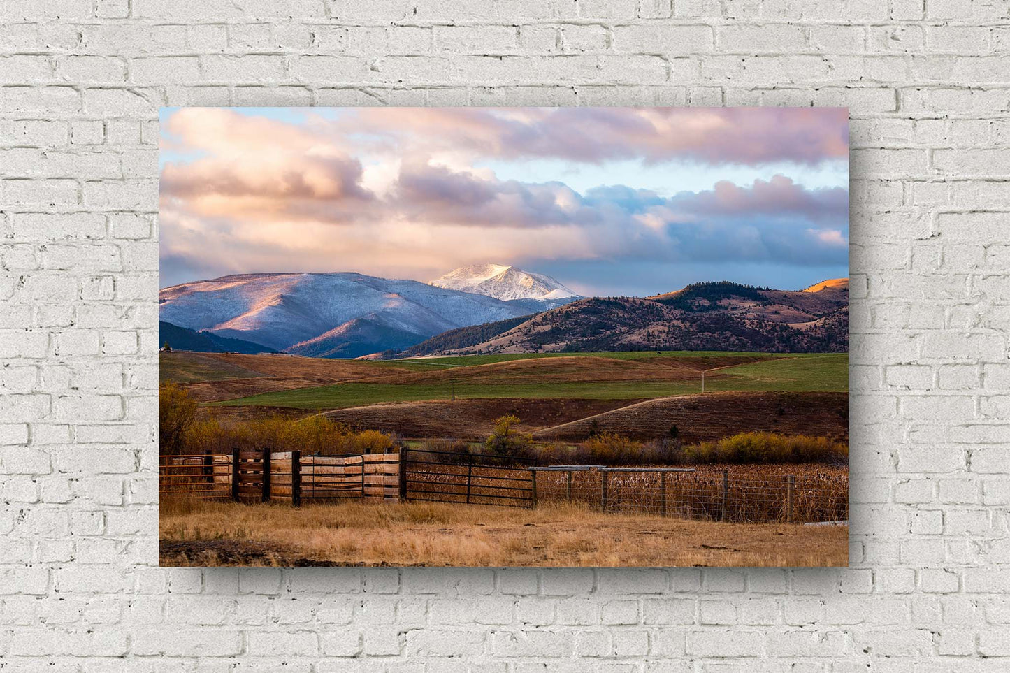 the-days-before-winter-snowy-peak-sunrise-autumn-fall-landscape-rocky-mountains-western-foothills-ranch-montana-aluminum-metal-print-wall-art