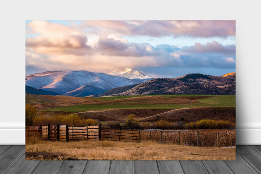 Western metal print on aluminum of a snowy peak overlooking a mountain valley on a late autumn morning in Montana by Sean Ramsey of Southern Plains Photography.