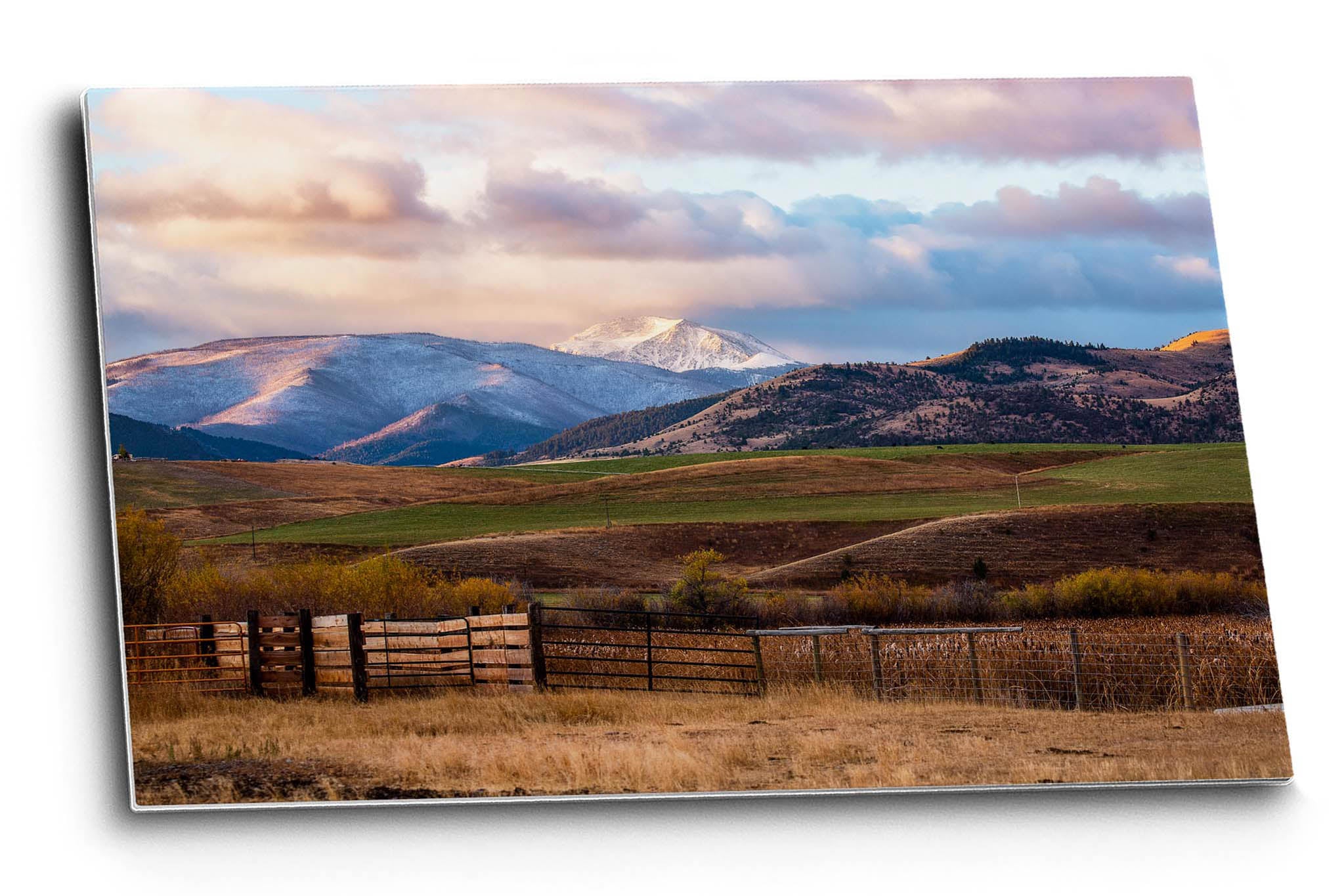 Rocky Mountain landscape metal print of a snowy peak overlooking a mountain valley on an autumn morning in Montana by Sean Ramsey of Southern Plains Photography.