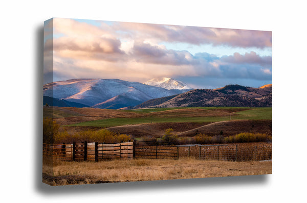 Rocky Mountain canvas wall art of a snowy mountain peak overlooking a valley on an autumn morning in Montana by Sean Ramsey of Southern Plains Photography.