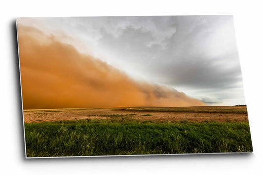 Haboob metal print wall art of a dust storm sweeping over a field on a stormy spring day in Texas by Sean Ramsey of Southern Plains Photography.