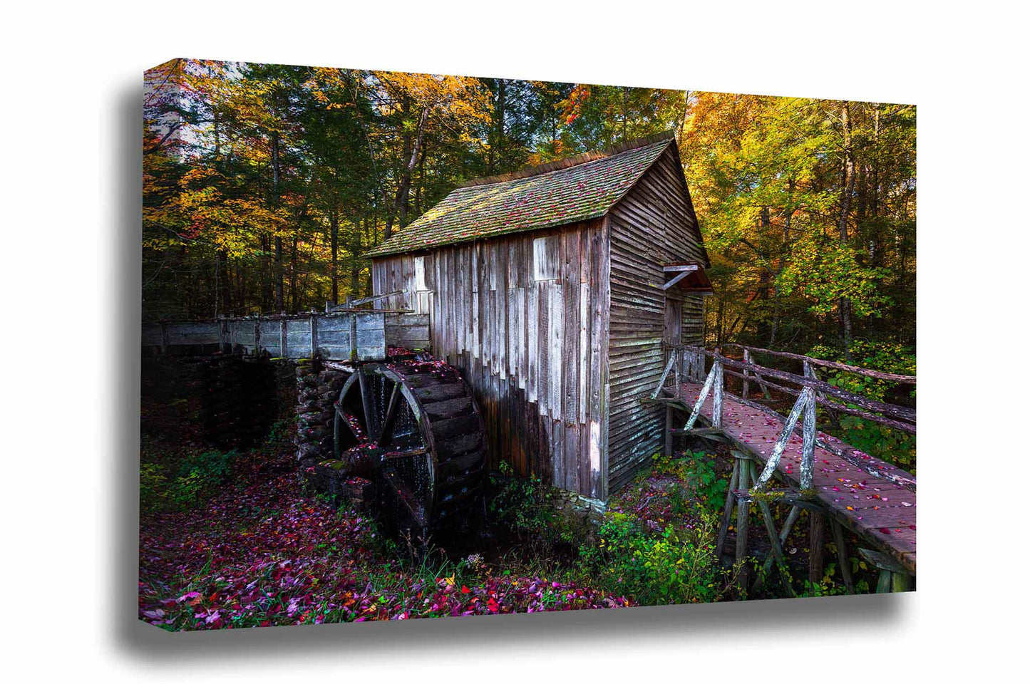 Country canvas wall art of the John Cable Mill surrounded by fall color on an autumn day at Cades Cove in the Great Smoky Mountains of Tennessee by Sean Ramsey of Southern Plains Photography.