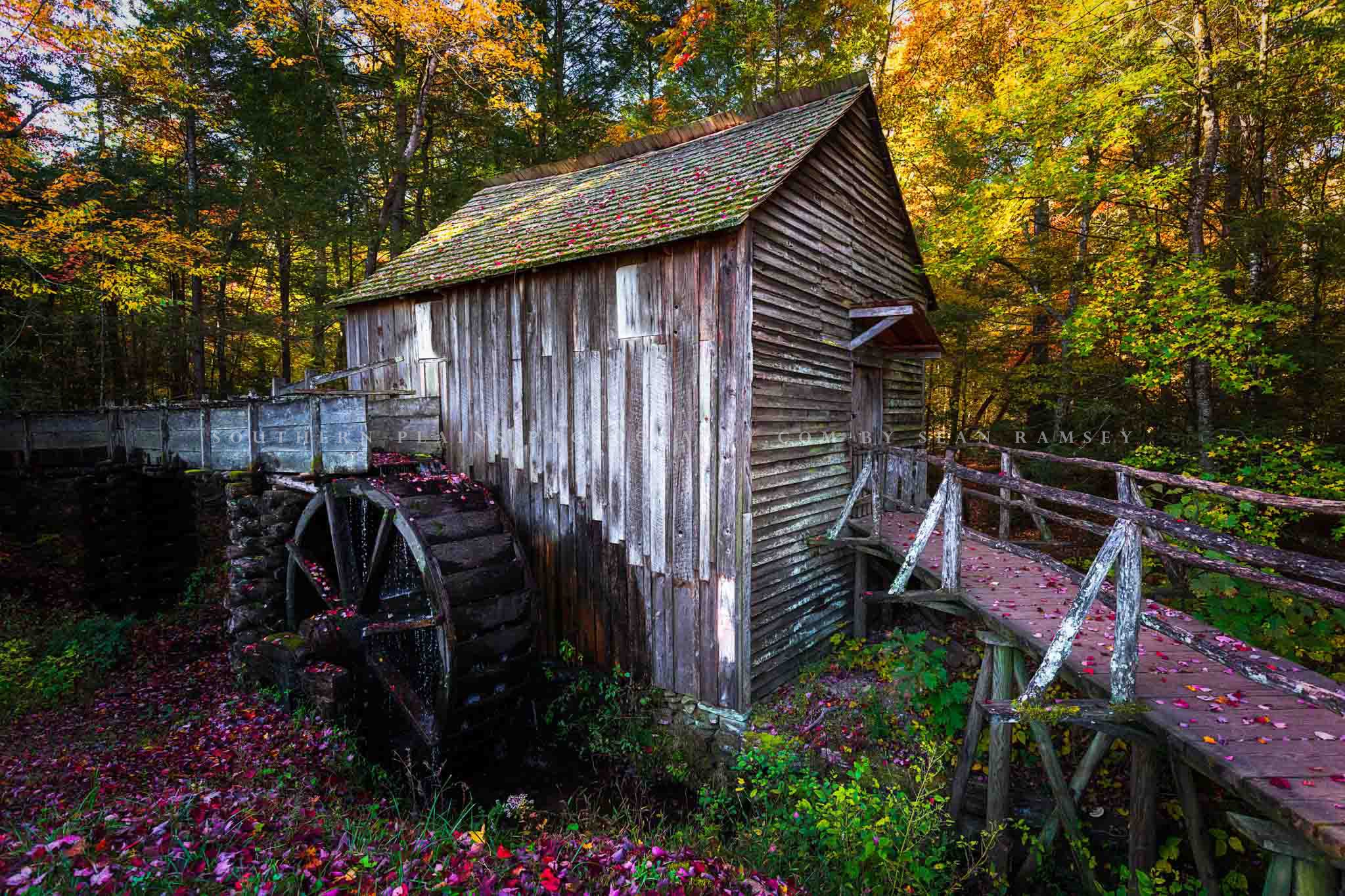 Country photography print of the old John Cable Mill standing out on an autumn day at Cades Cove in the Great Smoky Mountains of Tennessee by Sean Ramsey of Southern Plains Photography.