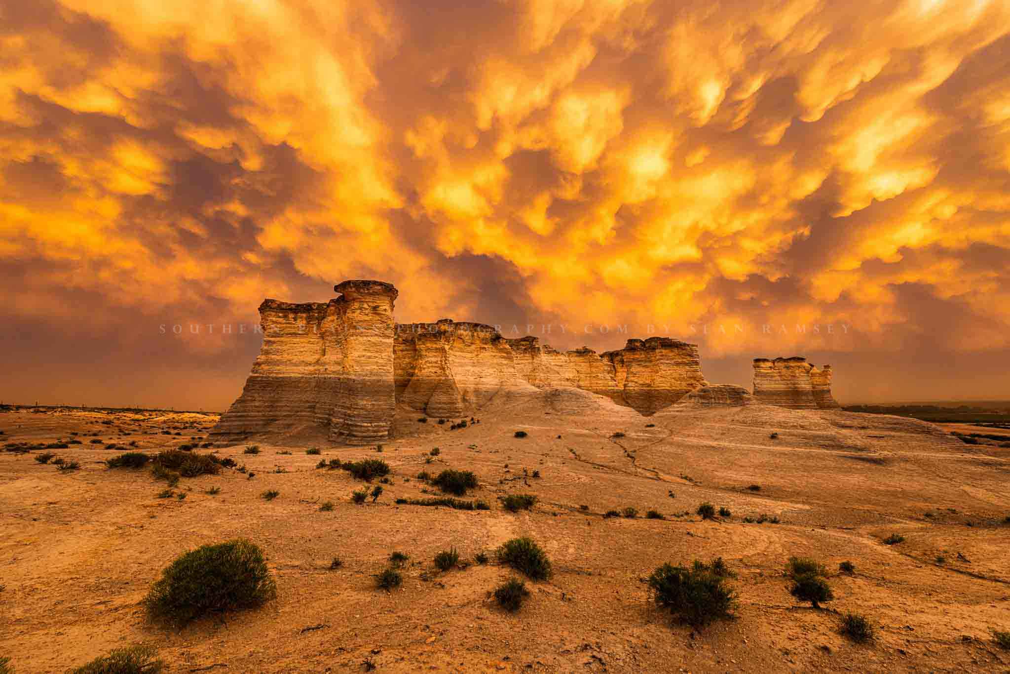 Great Plains photography print of an incredible stormy sky over Monument Rocks at sunset on a summer evening in Kansas by Sean Ramsey of Southern Plains Photography.