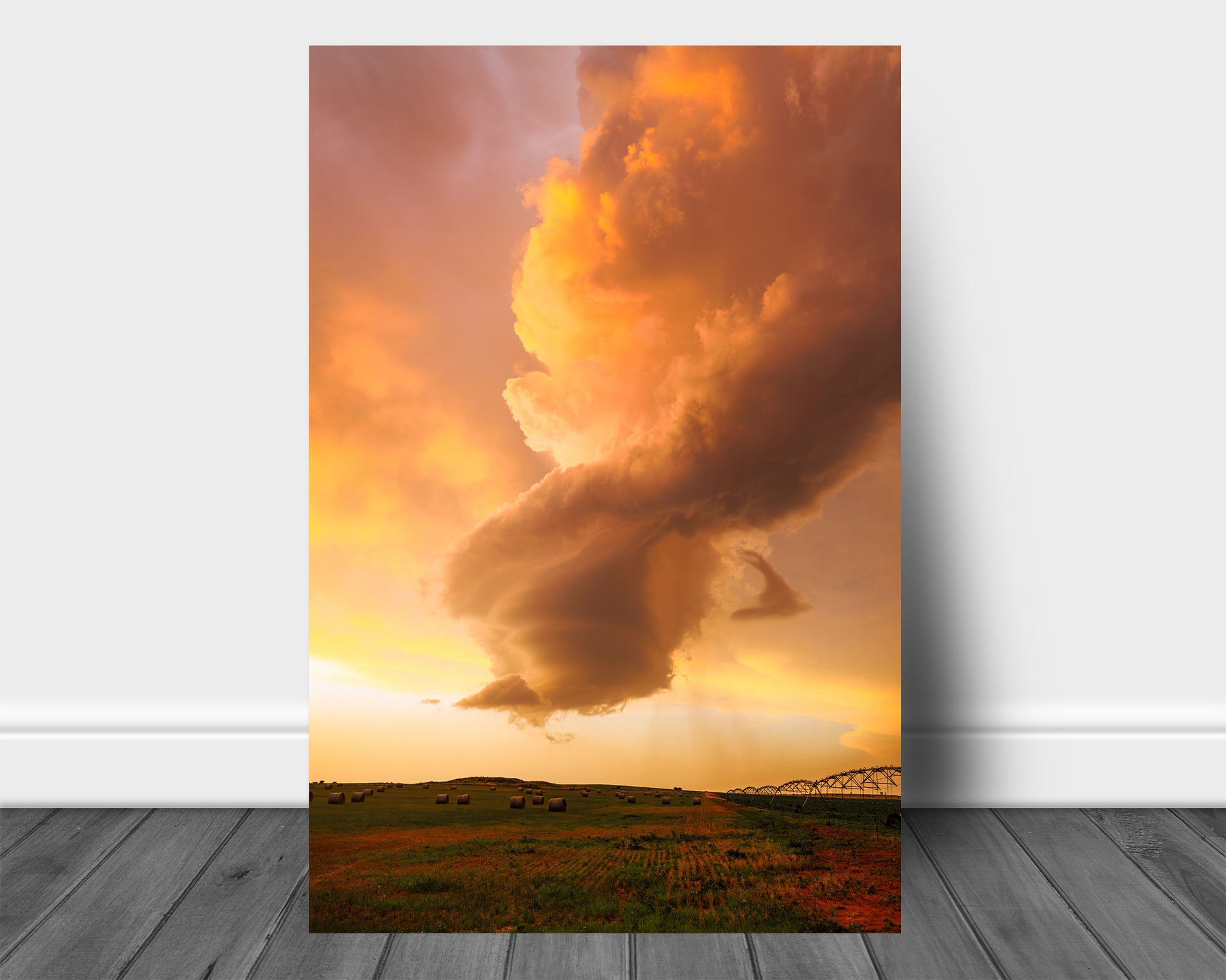 Stormy sky aluminum metal print that is vertical orientation of a dissipating storm cloud that was once a supercell thunderstorm over a field drenched in evening sunlight at sunset in Oklahoma by Sean Ramsey of Southern Plains Photography.