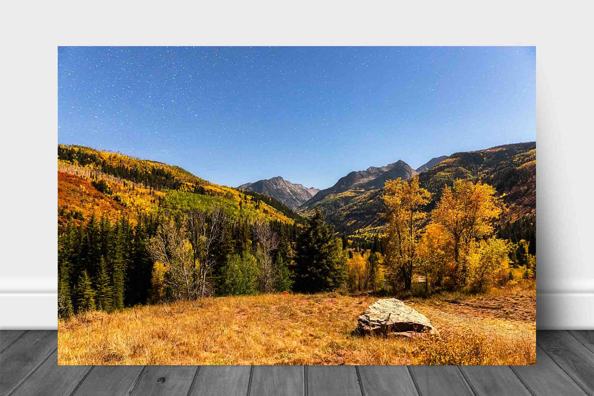 Rocky Mountain aluminum metal print wall art of a starry night sky over an autumn landscape just before sunrise in the Elk Mountains of Colorado by Sean Ramsey of Southern Plains Photography.