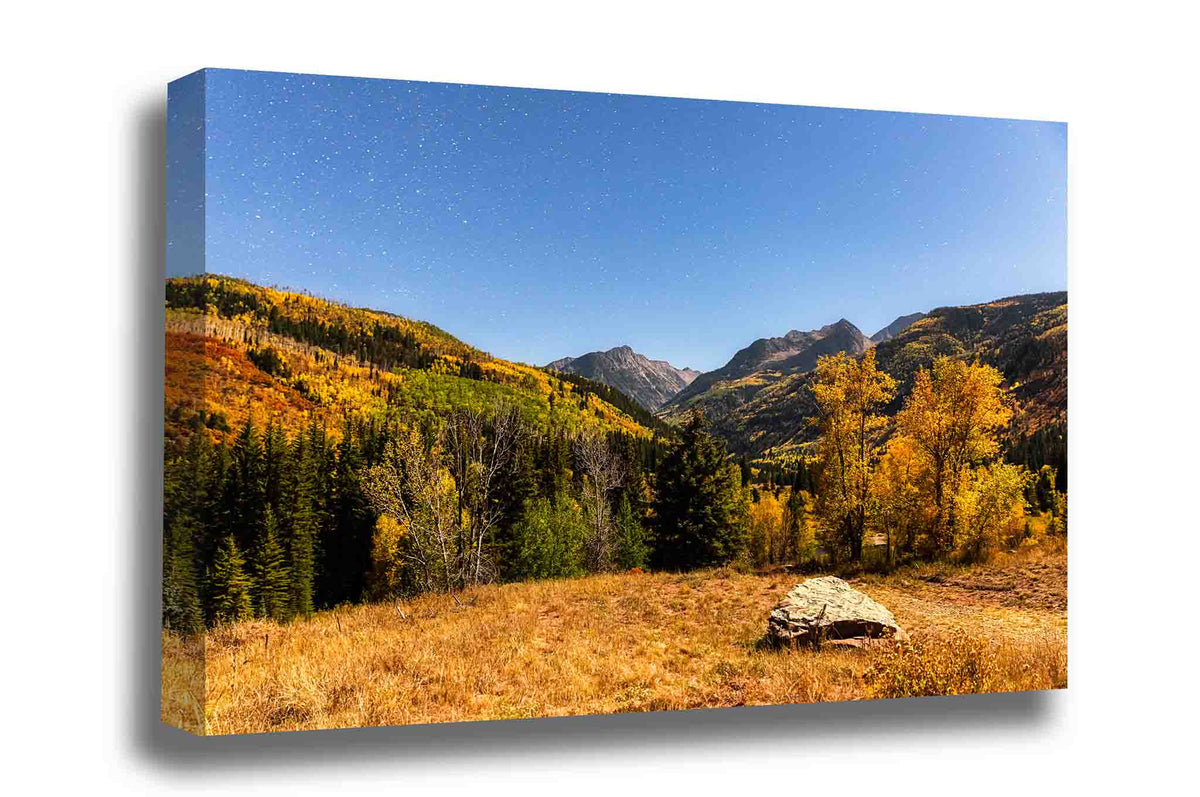 Rocky Mountain gallery wrap canvas wall art of a starry night sky over an autumn landscape just before sunrise in the Elk Mountains of Colorado by Sean Ramsey of Southern Plains Photography.
