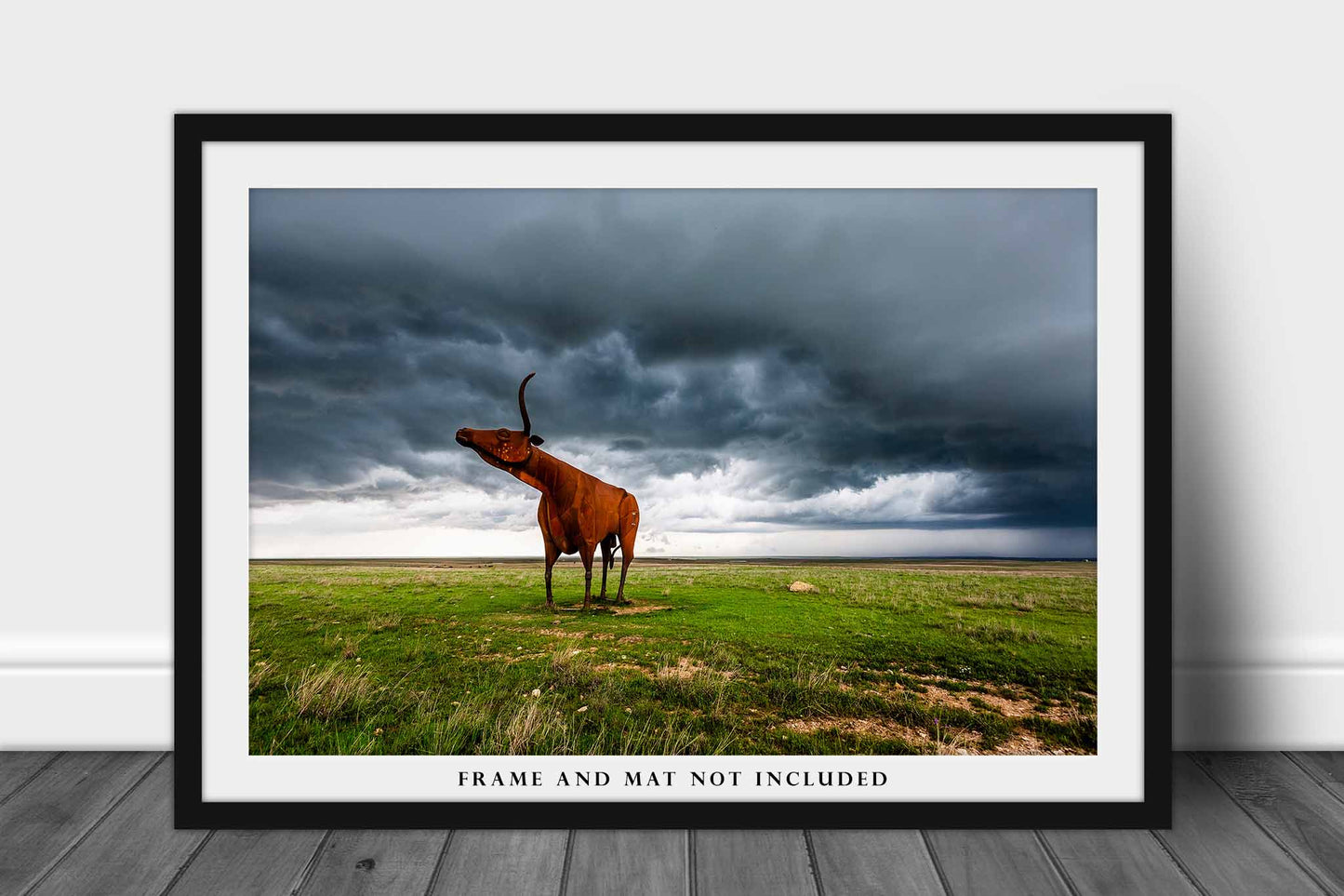 Great Plains Photography Print (Not Framed) Picture of Giant Steel Longhorn Statue Under Stormy Sky on Spring Day in Texas Cow Wall Art Western Decor