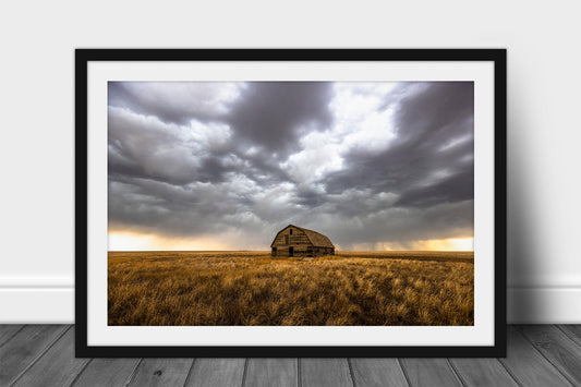 Framed and matted Great Plains print of an old barn nestled in golden prairie grass under a stormy sky on a spring day in Oklahoma by Sean Ramsey of Southern Plains Photography.
