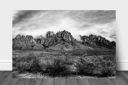 Black and white southwestern landscape metal print of the Organ Mountains in the Chihuahuan Desert near Las Cruces, New Mexico by Sean Ramsey of Southern Plains Photography.