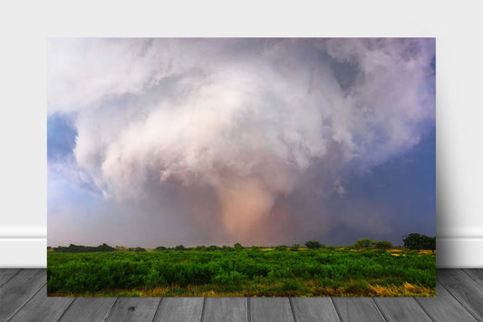 Storm aluminum metal print wall art of a large tornado touching down near the Red River on a stormy day in Oklahoma by Sean Ramsey of Southern Plains Photography.