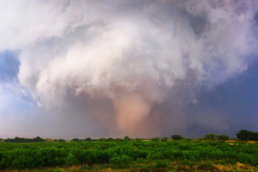 Storm photography print of a large tornado touching down near the Red River on a stormy day in Oklahoma by Sean Ramsey of Southern Plains Photography.