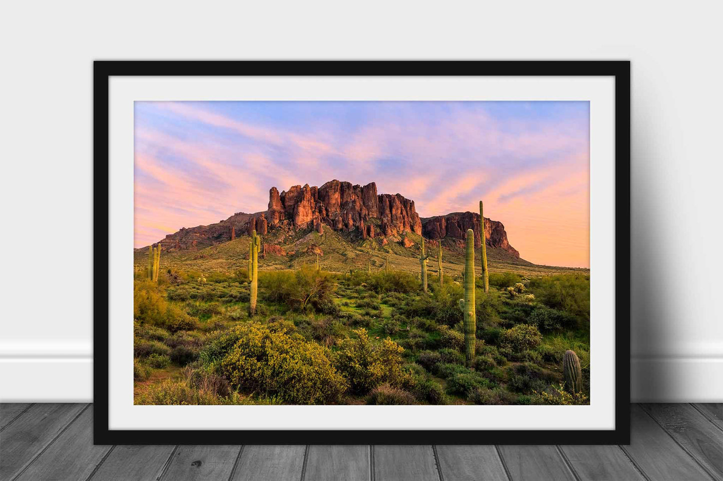 Framed and matted Sonoran Desert print of the Superstition Mountains and saguaro cactus under a colorful evening sky at sunset on a spring evening in Arizona by Sean Ramsey of Southern Plains Photography.