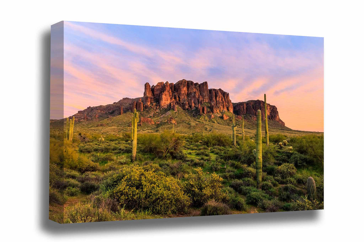 Sonoran Desert canvas wall art of the Superstition Mountains and saguaro cactus on a spring evening at Lost Dutchman State Park, Arizona by Sean Ramsey of Southern Plains Photography.