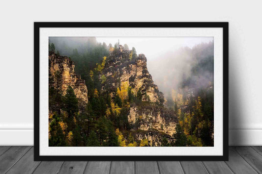 Framed and matted Black Hills print of canyon walls shrouded in fog and fall color on an autumn day at Spearfish Canyon, South Dakota by Sean Ramsey of Southern Plains Photography.