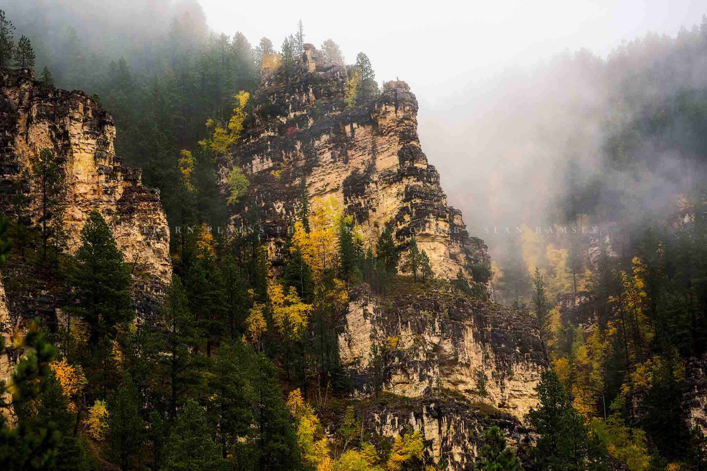 Black Hills landscape photography print of Spearfish Canyon walls shrouded in fog on an autumn day in South Dakota by Sean Ramsey of Southern Plains Photography.