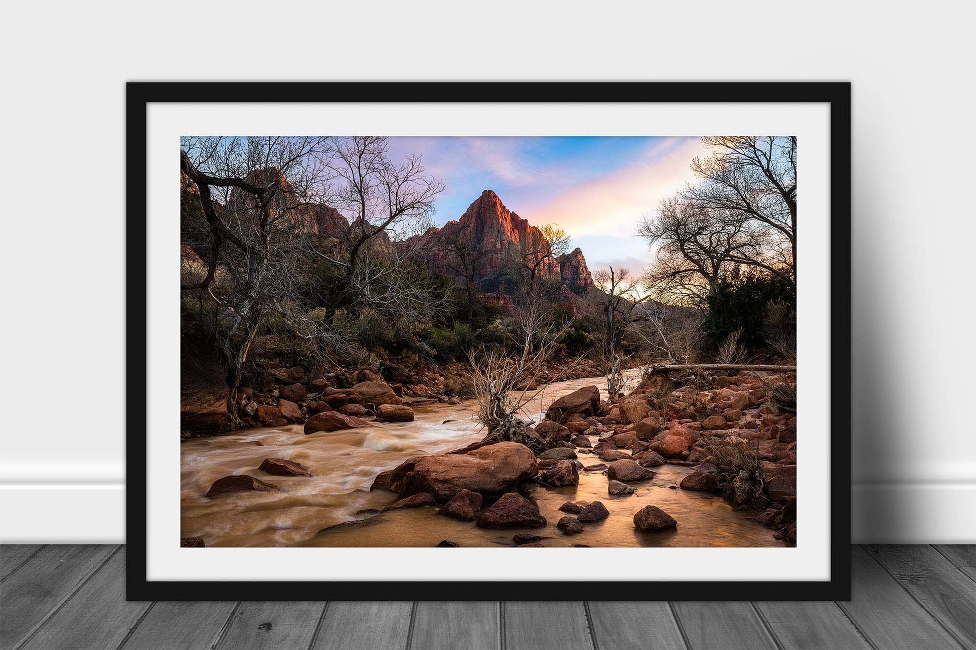 Framed and matted southwestern landscape print of The Watchman overlooking the Virgin River at sunset on a spring evening in Zion National Park, Utah by Sean Ramsey of Southern Plains Photography.