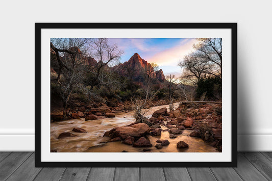 Framed and matted southwestern landscape print of The Watchman overlooking the Virgin River at sunset on a spring evening in Zion National Park, Utah by Sean Ramsey of Southern Plains Photography.