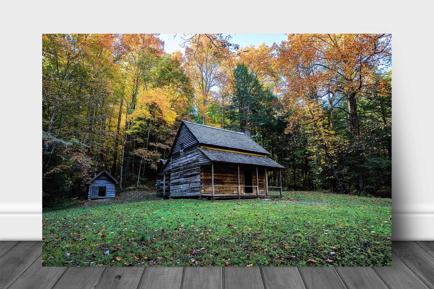 Rustic country aluminum metal print wall art of the Henry Whitehead house on an autumn day near Cades Cove in the Great Smoky Mountains of Tennessee by Sean Ramsey of Southern Plains Photography.