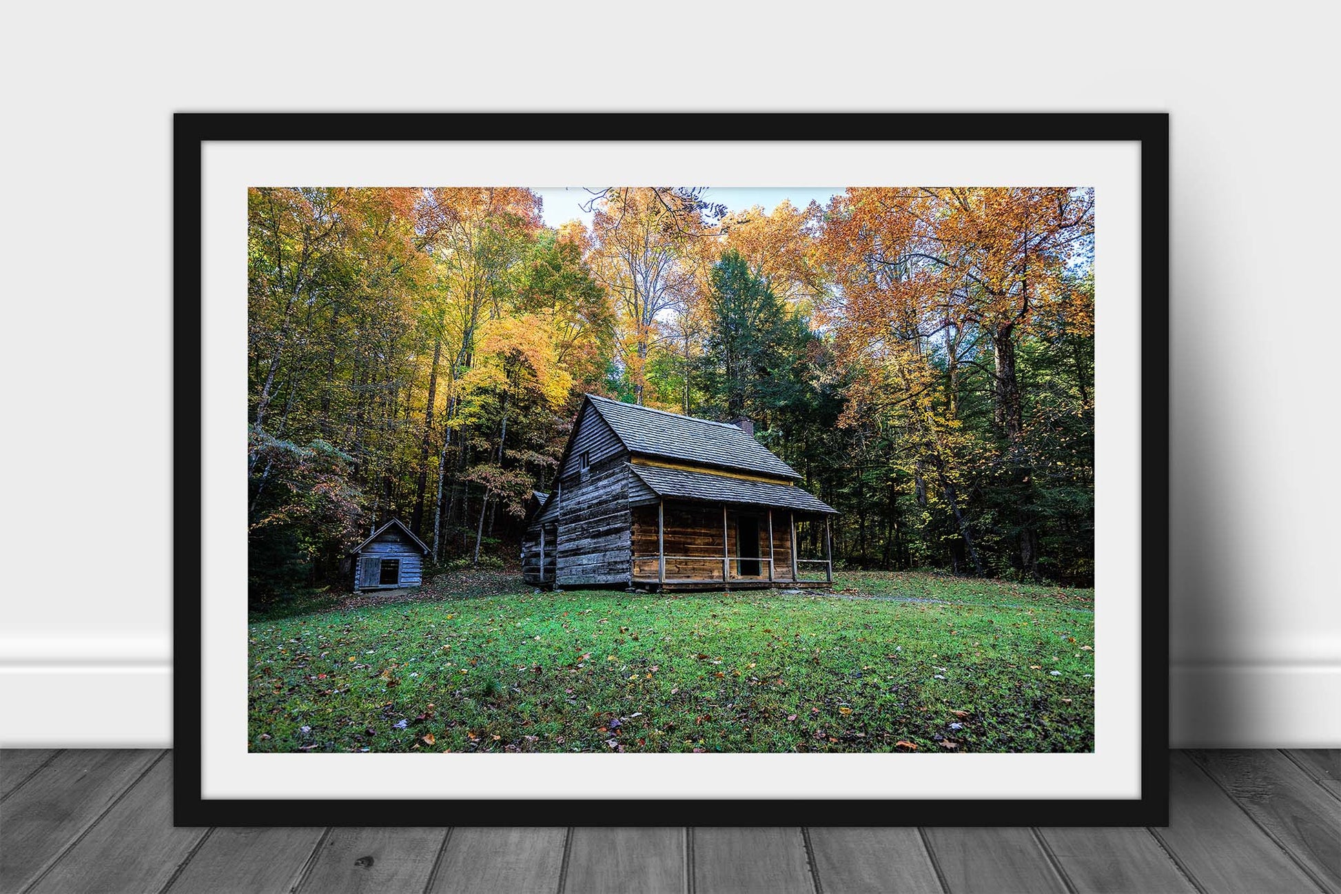 Rustic country framed print of the Henry Whitehead house on an autumn day near Cades Cove in the Great Smoky Mountains of Tennessee by Sean Ramsey of Southern Plains Photography.