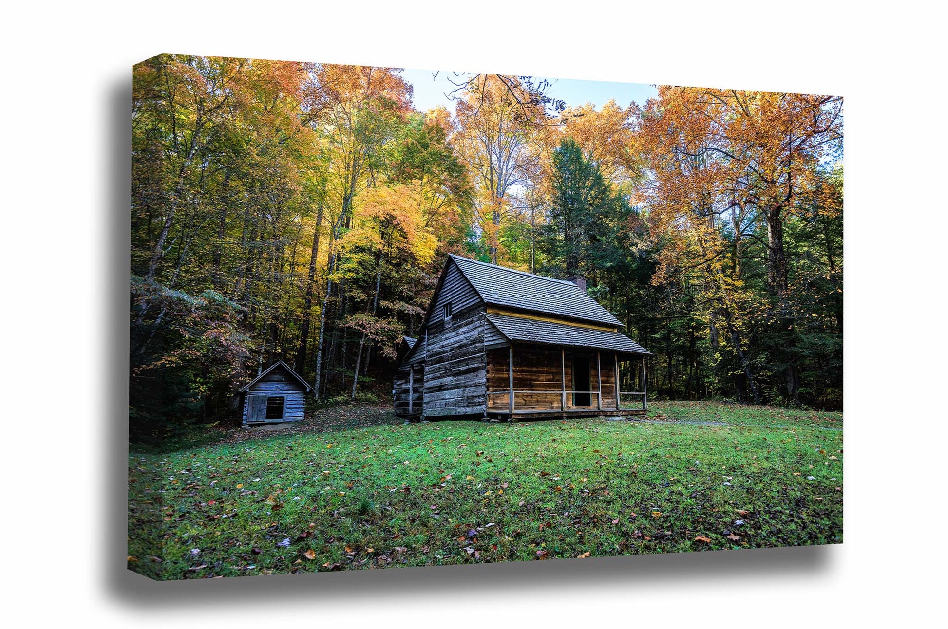 Rustic country gallery wrapped canvas wall art of the Henry Whitehead house on an autumn day near Cades Cove in the Great Smoky Mountains of Tennessee by Sean Ramsey of Southern Plains Photography.