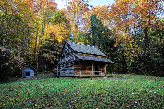Rustic country photography print of the Henry Whitehead house on an autumn day near Cades Cove in the Great Smoky Mountains of Tennessee by Sean Ramsey of Southern Plains Photography.
