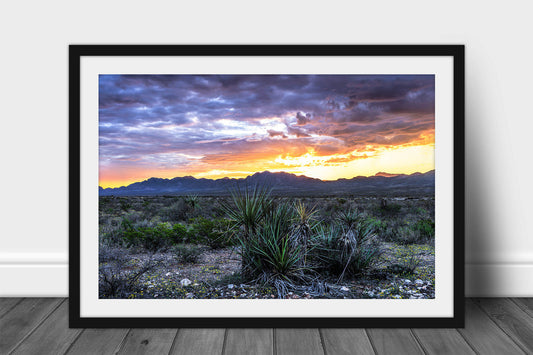 Framed and matted desert landscape print of a colorful sunrise over mountains in West Texas by Sean Ramsey of Southern Plains Photography.