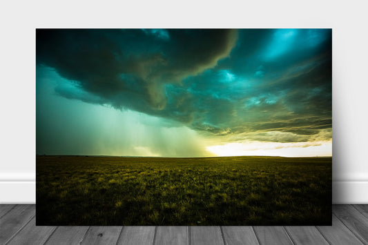 Storm aluminum metal print wall art of a thunderstorm advancing over open prairie on a stormy late summer day in Nebraska by Sean Ramsey of Southern Plains Photography.
