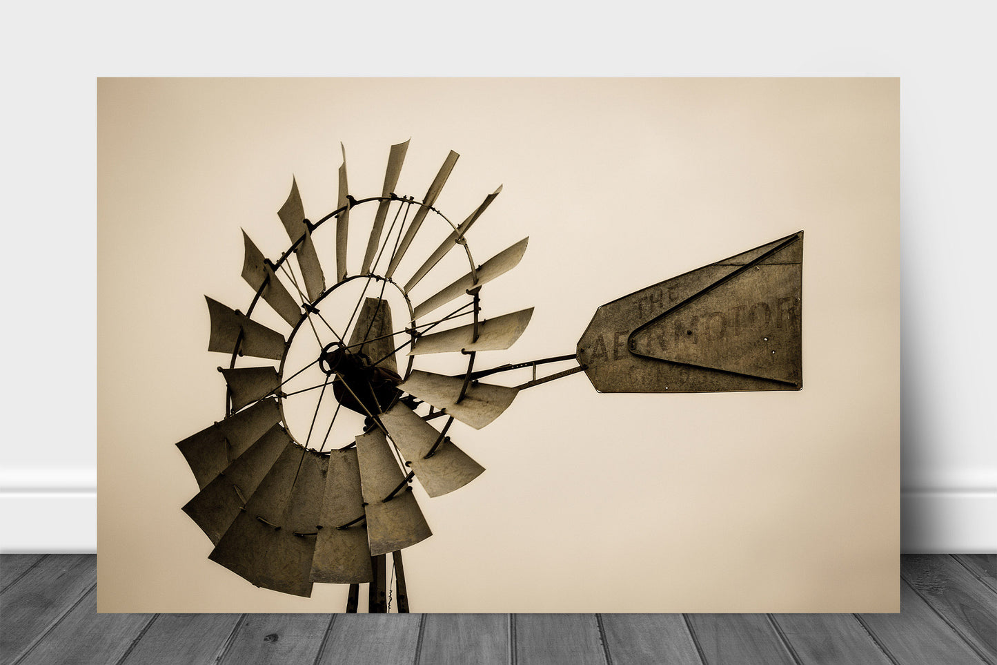 Country aluminum metal print of an old windmill head in sepia tone captured on a stormy spring day on a farm in Iowa by Sean Ramsey of Southern Plains Photography.