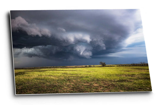 Storm metal print on aluminum of a thunderstorm with a funnel cloud on the verge of producing a tornado on a stormy autumn day in Oklahoma by Sean Ramsey of Southern Plains Photography.