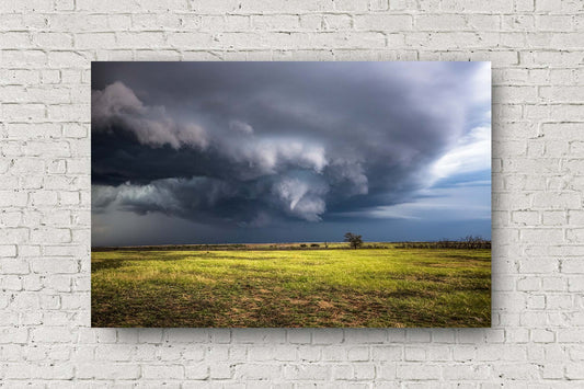 Storm metal print on aluminum of a thunderstorm with a funnel cloud on the verge of producing a tornado on a stormy autumn day in Oklahoma by Sean Ramsey of Southern Plains Photography.