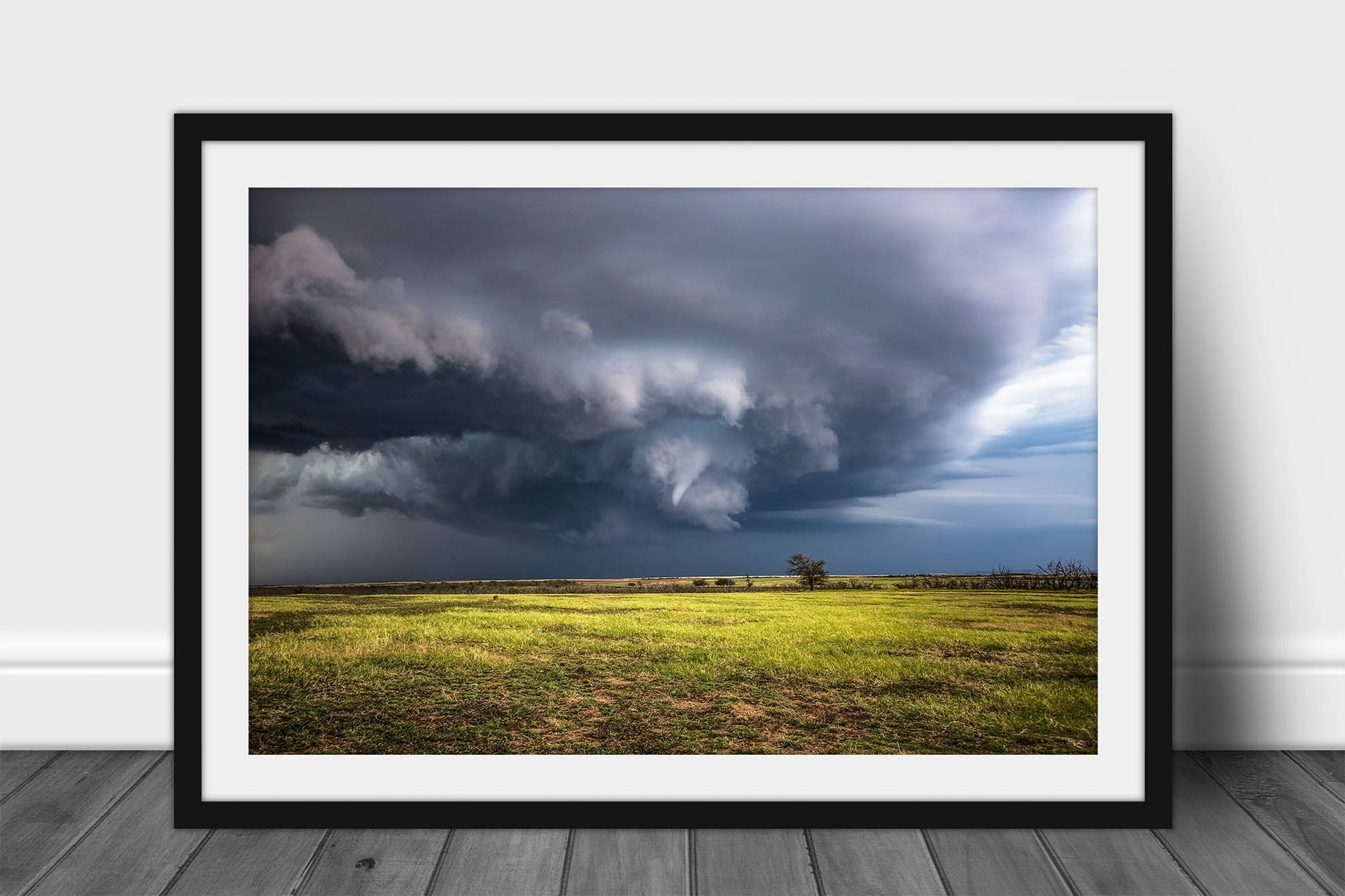 Framed and matted storm print of a thunderstorm on the verge of producing a tornado as a funnel cloud forms within a mesocyclone on a stormy day in Oklahoma by Sean Ramsey of Southern Plains Photography.
