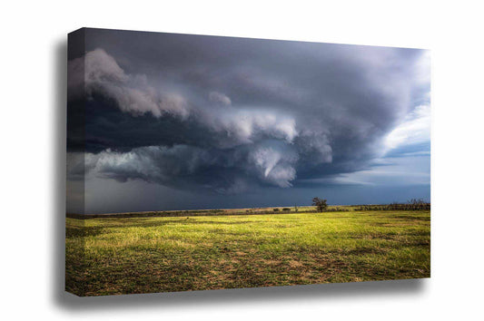 Storm canvas wall art of a thunderstorm producing a funnel cloud over a field on a stormy autumn day in Oklahoma by Sean Ramsey of Southern Plains Photography.