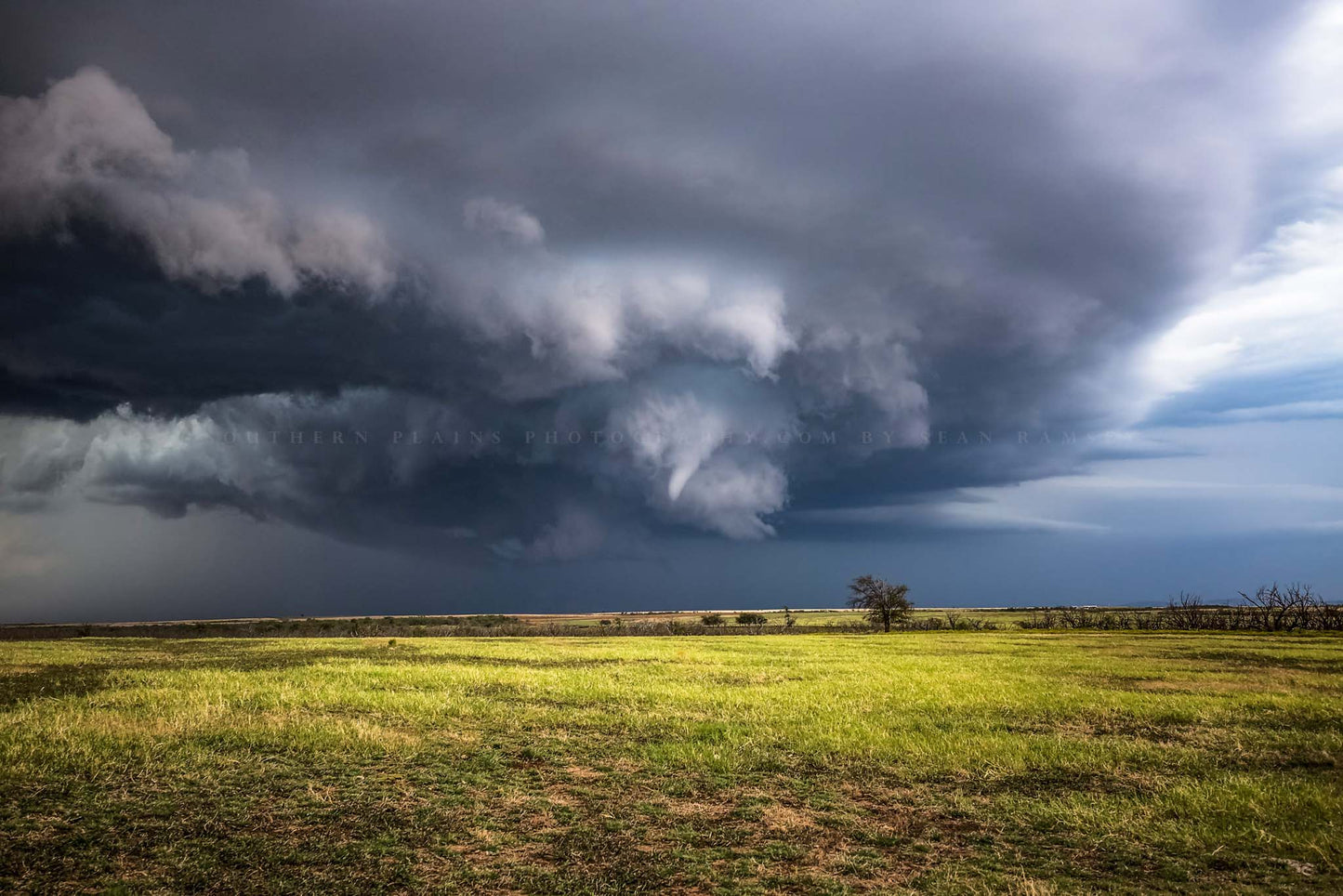 Storm photography print of a thunderstorm on the verge of producing a tornado as a funnel cloud forms within a mesocyclone on a stormy day in Oklahoma by Sean Ramsey of Southern Plains Photography.