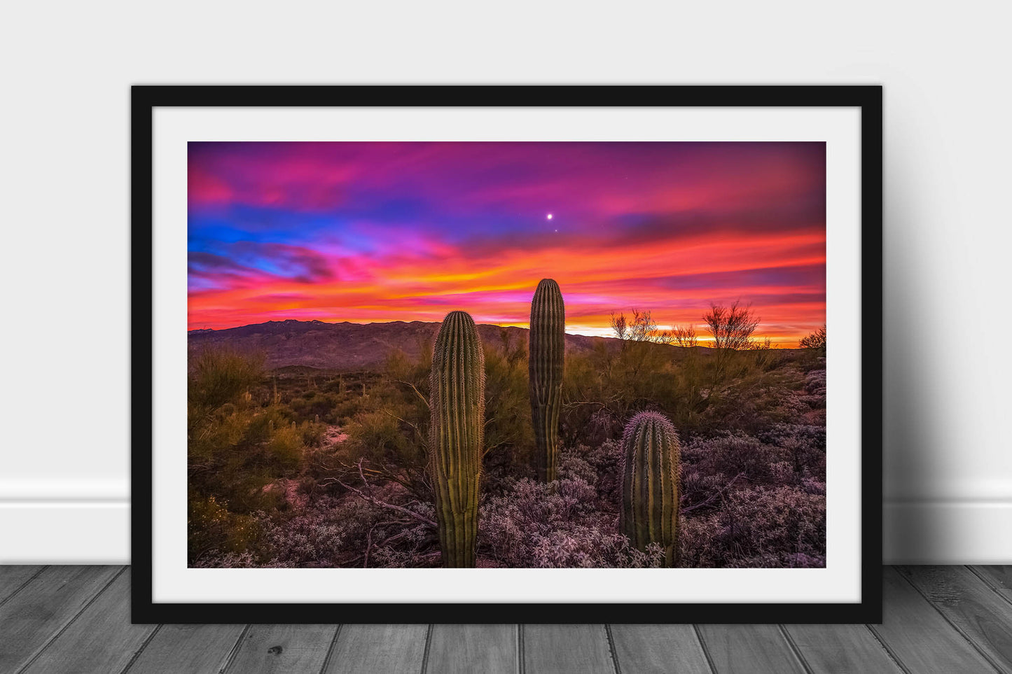 Framed and matted southwestern print of Venus and Jupiter shining above saguaro cactus during a vibrant sunrise in the Sonoran Desert by Sean Ramsey of Southern Plains Photography.