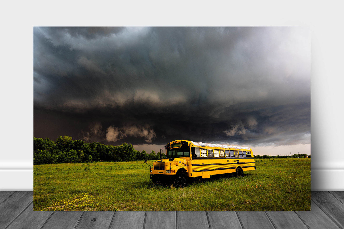 Storm metal print on aluminum of a thunderstorm approaching an old school bus on a stormy spring day in Oklahoma by Sean Ramsey of Southern Plains Photography.