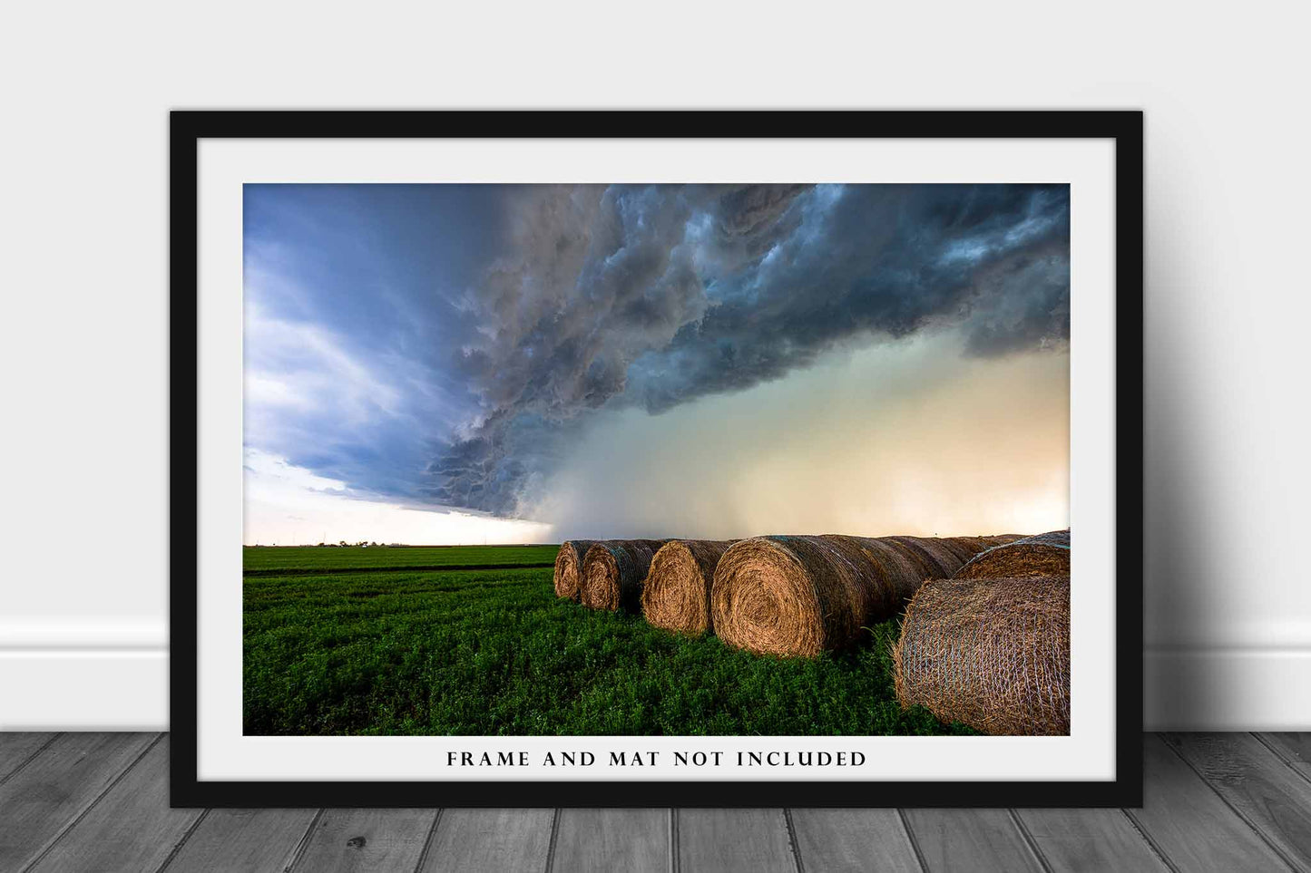 Country Wall Art Photography Print - Picture of Storm Clouds Over Round Hay Bales on Autumn Day in Kansas - Farm Photo Artwork Decor