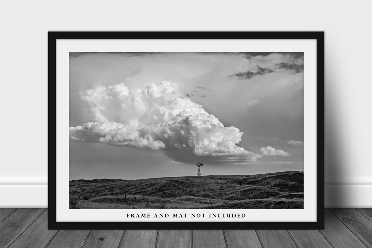 Nebraska Wall Art Photography Print - Black and White Print of Windmill on Hill as Storm Forms in Western Nebraska Old West Decor Rustic Art