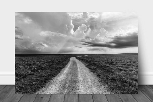 Black and white Great Plains metal print wall art of a dirt road passing through the prairie on a stormy day in the Flint Hills of Kansas by Sean Ramsey of Southern Plains Photography.