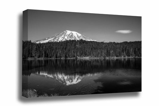 Pacific Northwest canvas wall art of Mount Rainier overlooking Reflection Lake on a late summer day in the Cascades in black and white by Sean Ramsey of Southern Plains Photography.