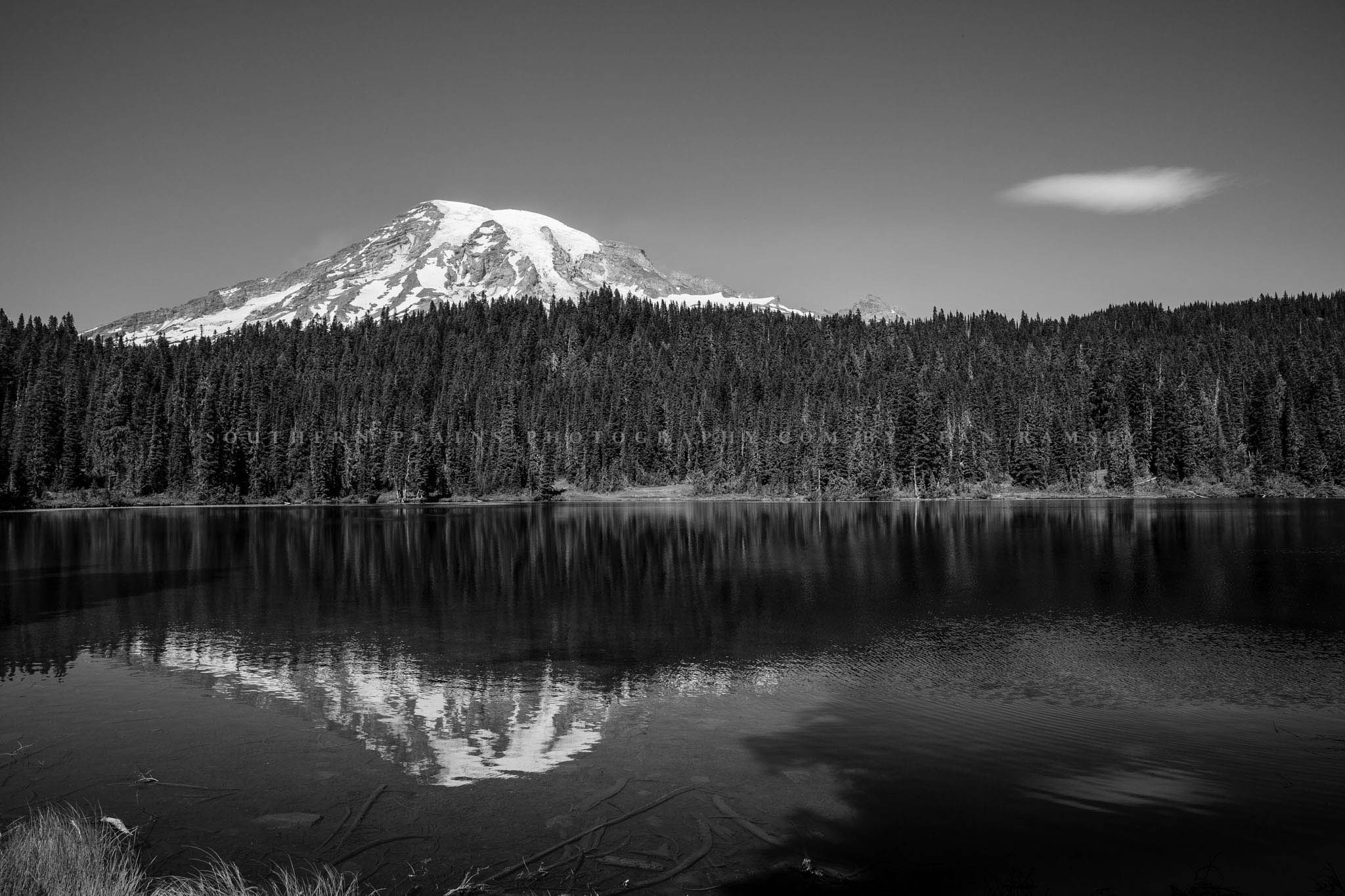 Black and white Pacific Northwest landscape photography print of Mount Rainier overlooking Reflection Lake at a late summer day in Washington state by Sean Ramsey of Southern Plains Photography.