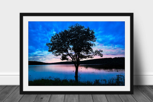 Framed and matted landscape print of a tree appearing as a silhouette in Lake Wister at dusk in eastern Oklahoma by Sean Ramsey of Southern Plains Photography.